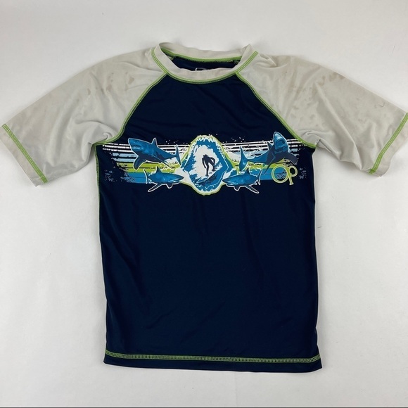 OP Swim Shirt Boys Medium 8 Blue White Sharks - Picture 1 of 8